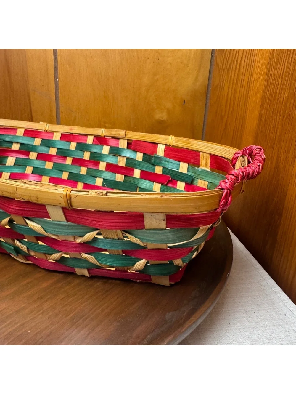 Vintage Christmas Woven Basket Red Green Natural Bamboo Holiday Serving Basket